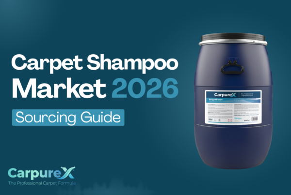 A digital graphic titled "Carpet Shampoo Market 2026 Sourcing Guide" featuring a large blue industrial drum of Carpurex brand carpet shampoo on a teal background.