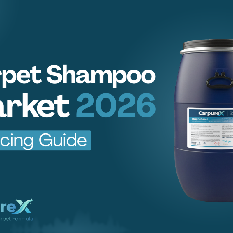 A digital graphic titled "Carpet Shampoo Market 2026 Sourcing Guide" featuring a large blue industrial drum of Carpurex brand carpet shampoo on a teal background.