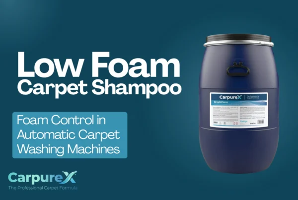 Low foam carpet shampoo banner with a CarpureX BrightForce 60 kg drum on a dark teal background