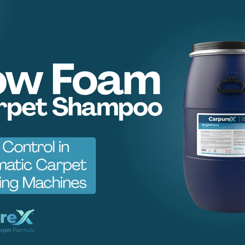 Low foam carpet shampoo banner with a CarpureX BrightForce 60 kg drum on a dark teal background